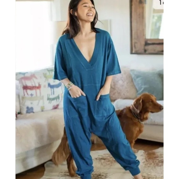 NEW Natural Life Palazzo Jumpsuit‎ Short Sleeve Teal Purple Stitching Size Small - Picture 1 of 4